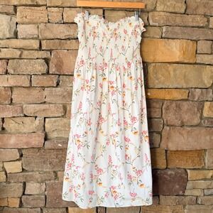HM Women XL White Floral Smocked Strapless Cotton Midi Dress Sweetheart Cottage